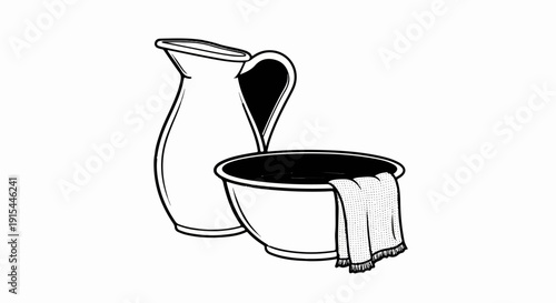 A simple illustration of a pitcher and basin with a cloth