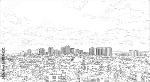 A panoramic line art sketch of a dense urban cityscape with scattered clouds