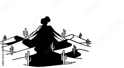 A solitary figure meditates atop desert dunes with cacti