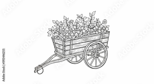 A rustic wooden cart overflows with lush foliage and delicate flowers