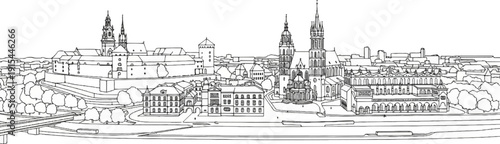 A panoramic line drawing depicts a historic European city skyline with prominent spires and buildings