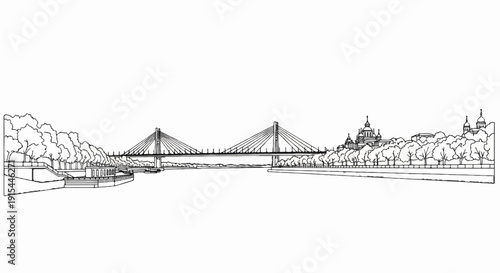 A panoramic sketch of a cable-stayed bridge over a river with a cityscape