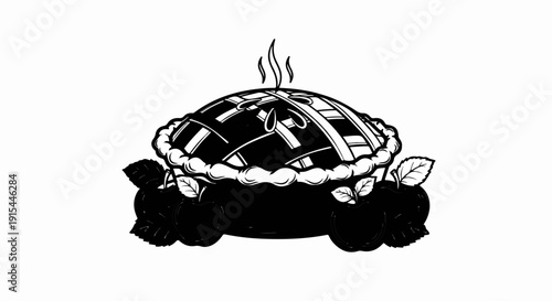 A steaming apple pie with a lattice crust rests on a white background with two apples