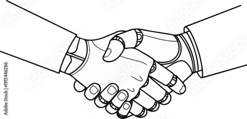 A human hand and a robot hand shake, symbolizing collaboration and progress