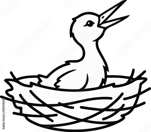 A solitary hatchling in a twig nest opens its beak widely