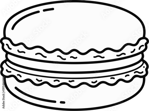 A simple, black and white line drawing of a single macaron cookie