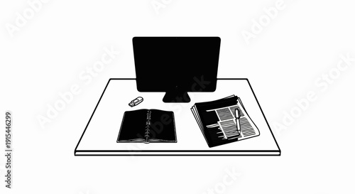 A minimalist desk setup with a computer monitor, an open notebook, a pen, and a USB drive