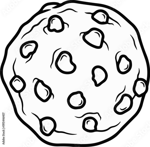 A simple black and white line drawing of a round cookie with chocolate chips