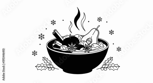 A steaming bowl of mulled fruit with cinnamon, star anise, and berries