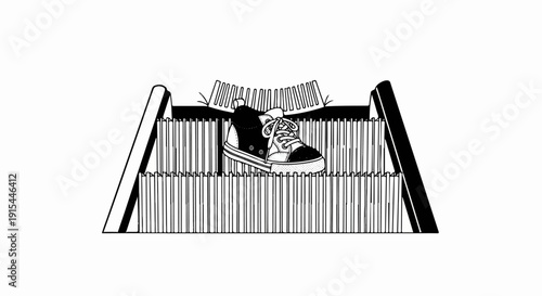 A single shoe is displayed on a structured tiered platform