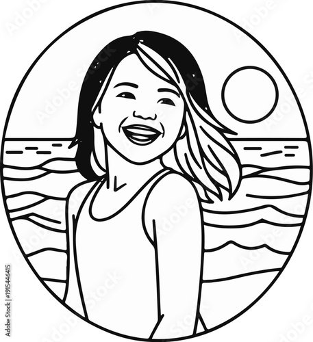 A joyful young girl smiles broadly at the beach under a bright sun