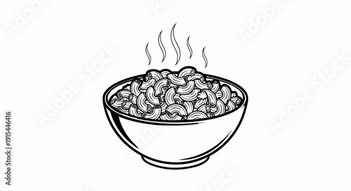 A steaming bowl of elbow macaroni, illustrated in black and white