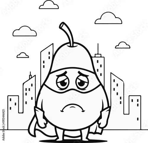 A sad pear-shaped superhero with a cape stands in front of city buildings