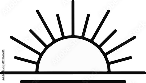A minimalist graphic depicts a rising sun over a horizon line with a faint shimmer