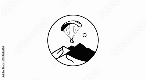 A paraglider floats over mountains under a circular sun