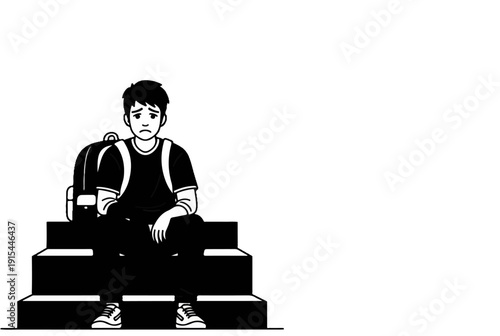A somber young person with a backpack sits on steps