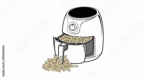 A kitchen appliance with a drawer full of french fries spills some out