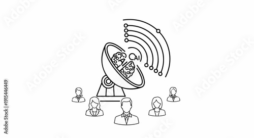A satellite dish receives signals representing artificial intelligence, with people gathered around