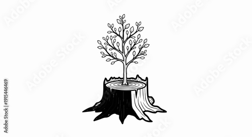 A sapling grows from a weathered tree stump, symbolizing renewal and hope
