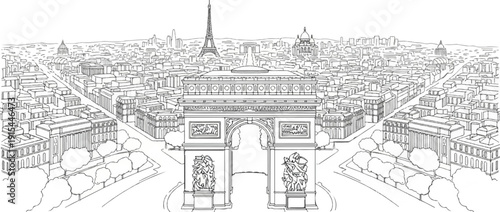 A panoramic sketch of a grand archway against a city skyline