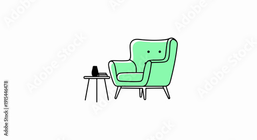 A minimalist green armchair with a side table and vase