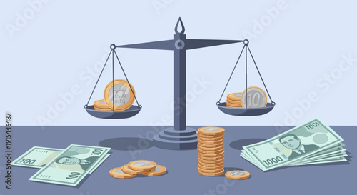 A scale balances coins against banknotes, with stacks and loose currency below