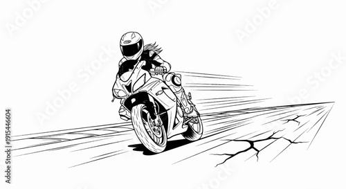 A speeding motorcycle rider in full gear on a cracked road