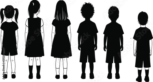 Five Children Standing in a Line Silhouette black