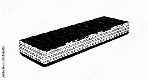 A layered food item with dark top and many light thin layers below