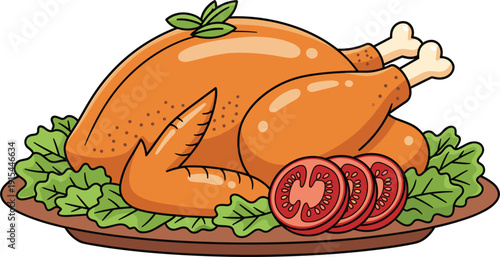 Roasted Whole Turkey Vector Illustration on a Platter with Lettuce and Tomato Slices for Thanksgiving Dinner, Christmas Feast, and Food Related Designs