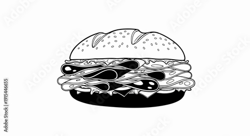 A layered sandwich with deli meats, cheese, and lettuce