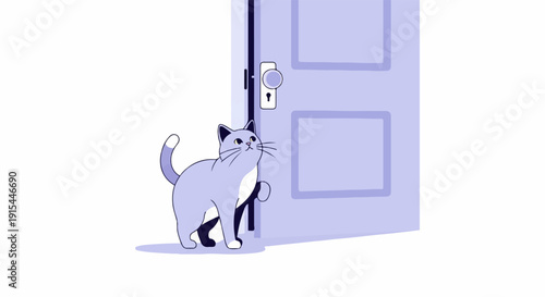 A light gray cat with a white chest looks up at an open purple door