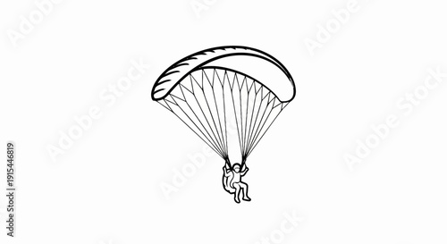 A line drawing depicts a person paragliding against a white background