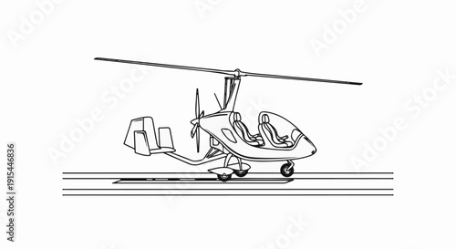 A line drawing depicts a two-seater autogyro on a runway