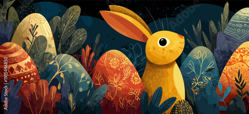 Easter bunny with folk art patterned eggs in nature. Easter poster. Happy rabbit and decorated Easter eggs among stylized plants, celebrating spring