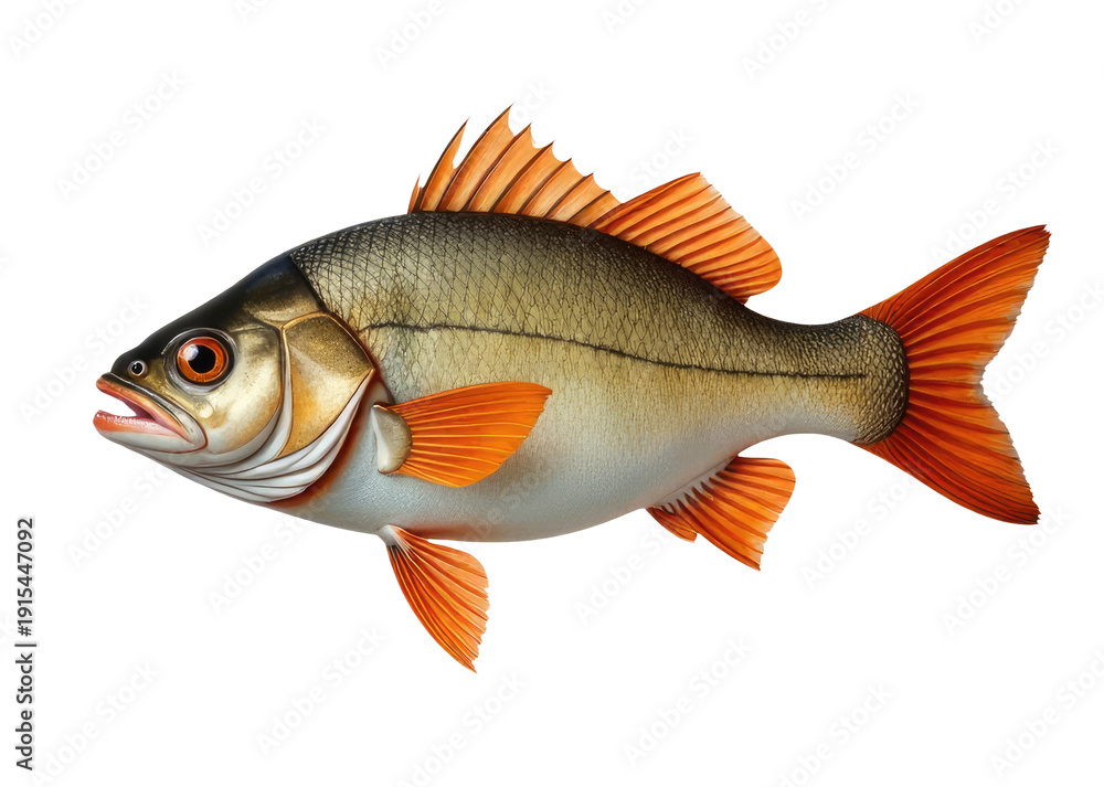 Fototapeta premium A fish stands upright on a white surface, ready for display