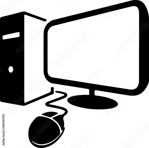 Desktop computer setup with monitor, CPU tower, and mouse connected by a cable, rendered as a black and white vector icon.