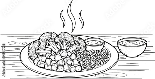 A line drawing of a plate of food with broccoli, tofu cubes, rice, and two dipping sauces