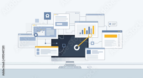 Digital workspace with analytics and data visualization on a computer screen from a top-down viewpoint