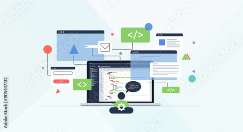 Coding elements surrounding a laptop on a desk viewed from the front