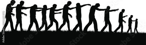 Zombie crowd silhouette walking in line, undead people apocalypse scene isolated on white background Halloween horror vector illustration