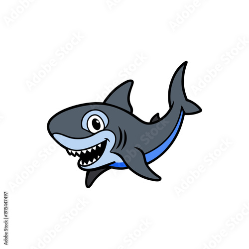 A friendly cartoon shark with a wide smile and sharp teeth, swimming happily.