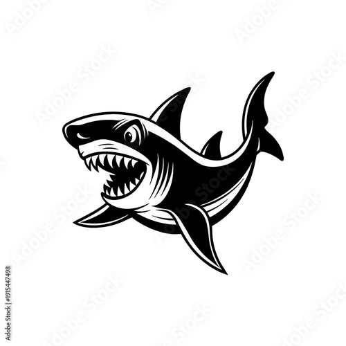 A fierce black and white graphic illustration of an aggressive shark with its mouth wide open, showing sharp teeth.