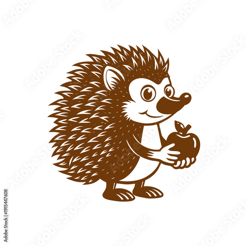 A cute cartoon hedgehog with spiky fur, smiling and holding a small apple in its paws, depicted in a brown monochrome style.