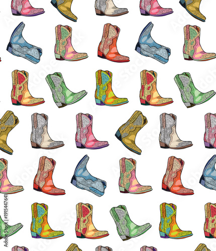 Repeat pattern of cowgirl boots in fun colors, seamless print design for backgrounds and wallpaper 