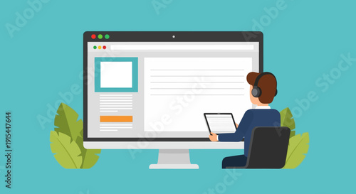 Woman Designing Website on Computer with Graphics and Leaves Nearby