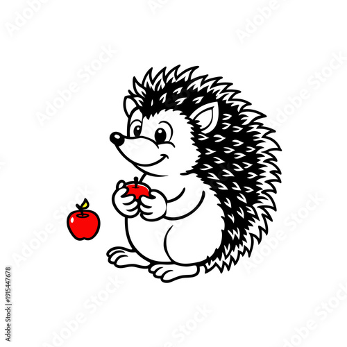 A cute cartoon hedgehog holding a red apple with another apple on the ground, depicted in black and white line art.