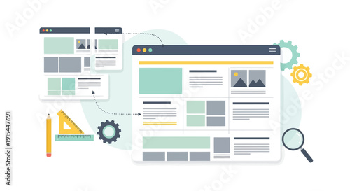Designing website wireframes with tools and elements for development process illustration