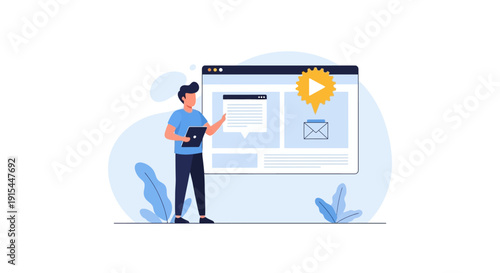 Man interacting with large notification window on screen