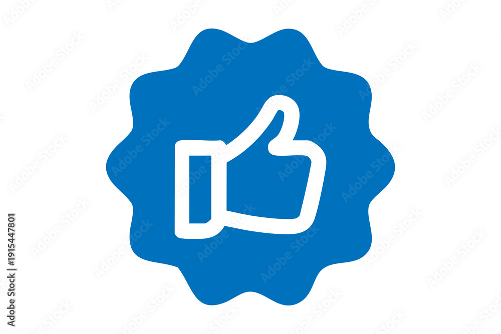 Obraz premium Blue Like Badge Icon, Thumb Up Approval Symbol, Social Media Engagement Graphic, User Rating Feedback UI Design, Positive Review Vector Illustration